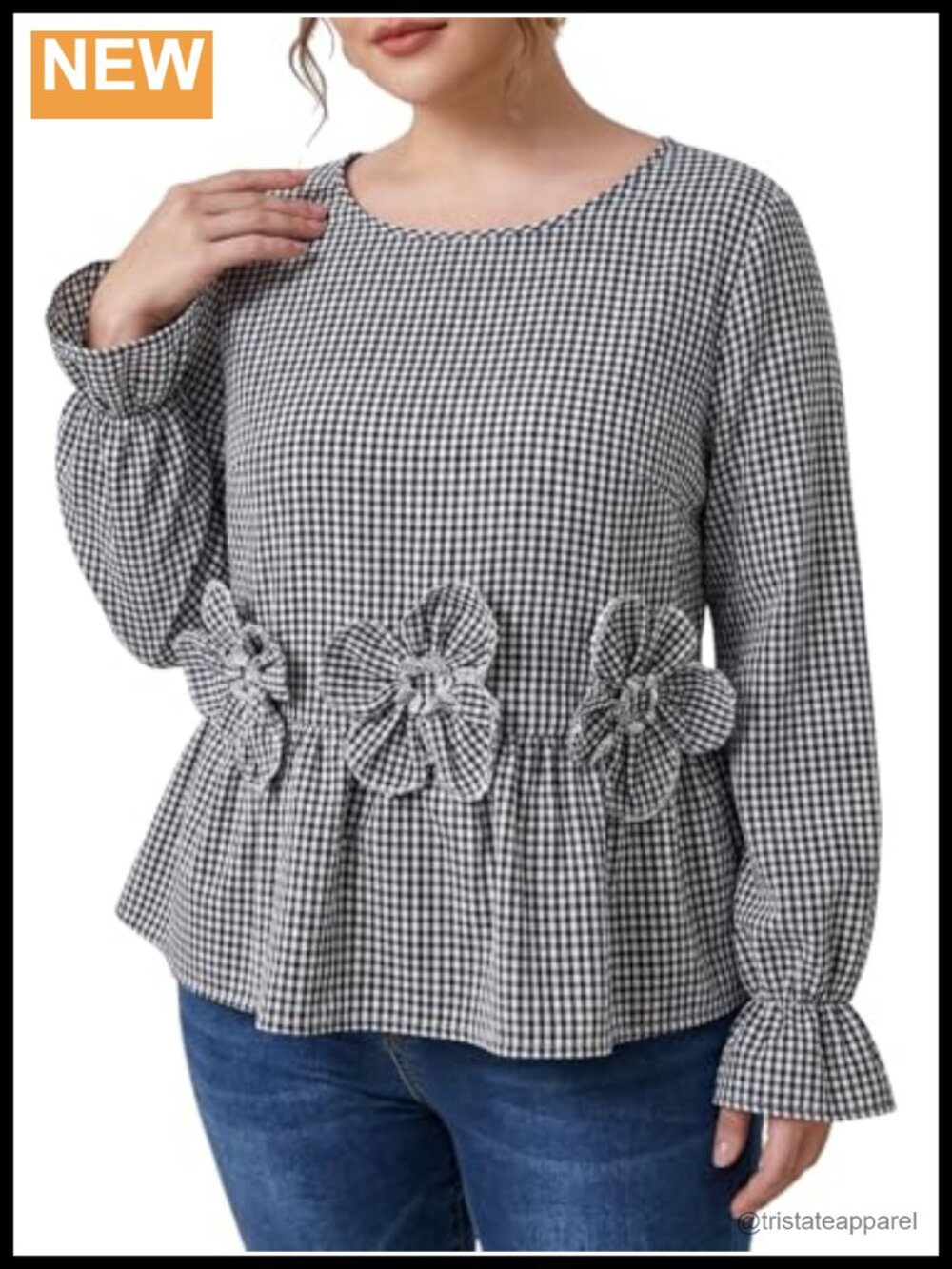 Plus Size Gingham 3D Floral Peplum Lantern Sleeve Blouse